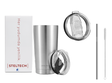 Steltech Cup – Paslanmaz Çelik Termos , Çelik Pipetli, Ekstra Sürgülü Kapak ve Temizleme fırçalı