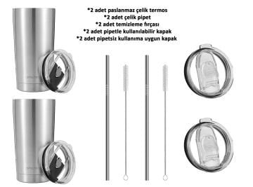 Steltech 2’li Termos Mug Seti – 0,6 LT - 20oz Sıcak & Soğuk Içecekler Için, Çelik Pipetli, Sürgülü Kapaklı, Temizleme Fırçalı